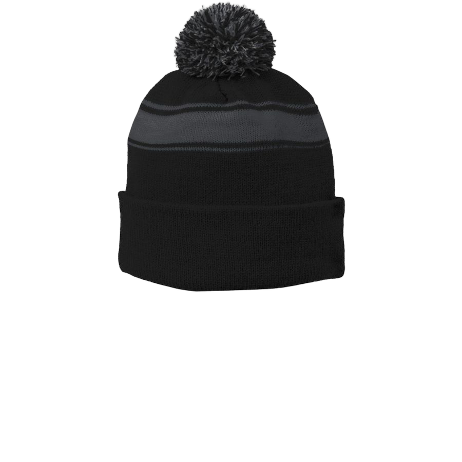 Black/ Iron Grey Printed Stripe Pom-Pom Beanie